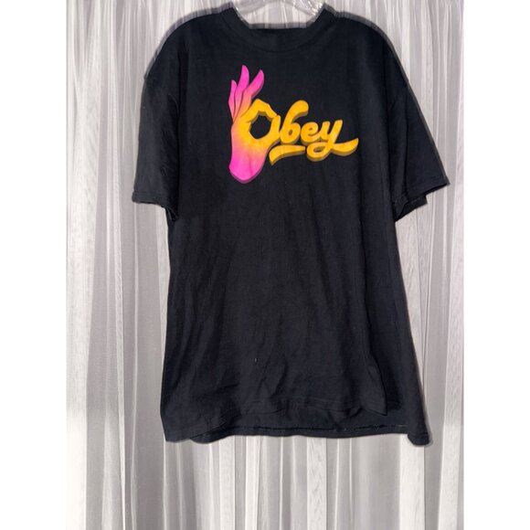 Obey Mens Black Graphic T-Shirt With Gradient Hand Logo XL - Picture 2 of 4